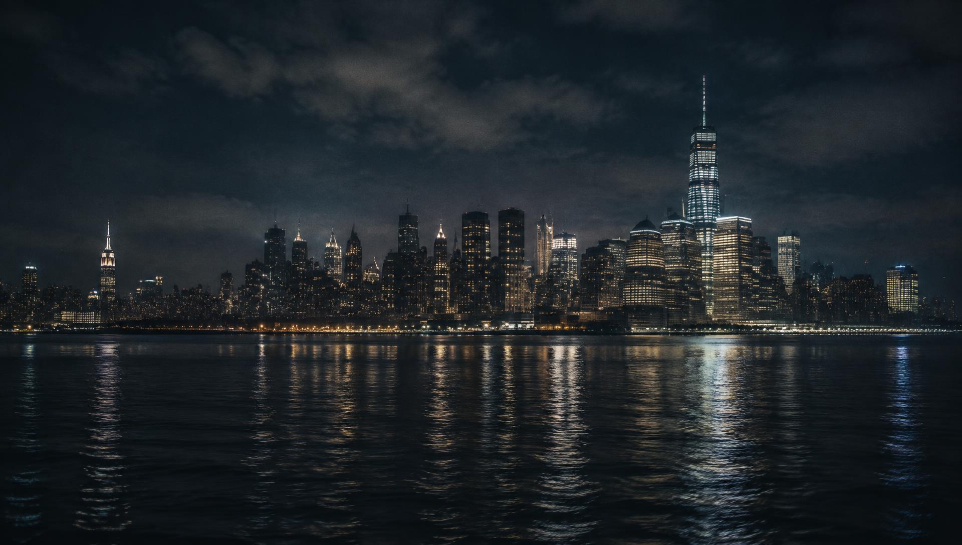 Manhattan skyline at night reflected on the river