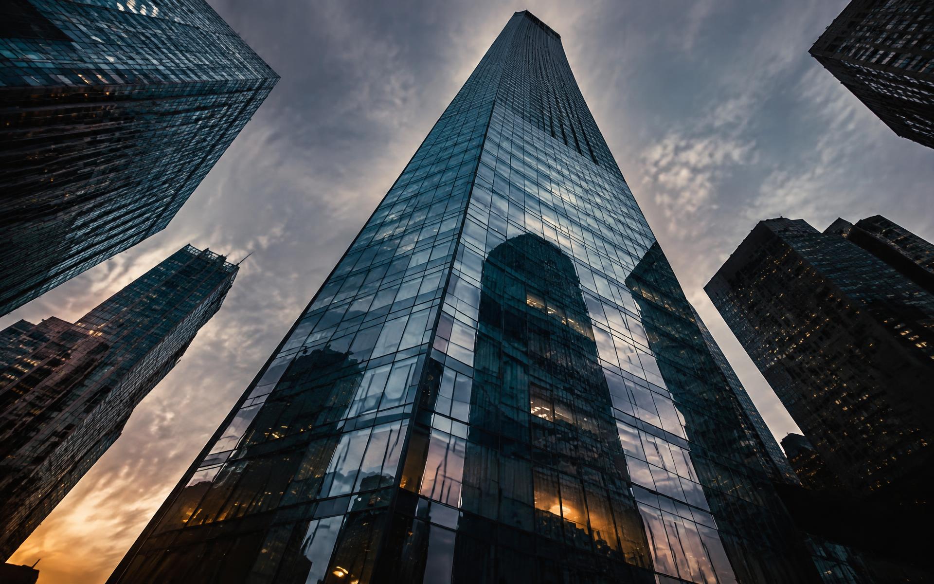 Upward view of a Manhattan glass tower reflecting its neighbours at dusk